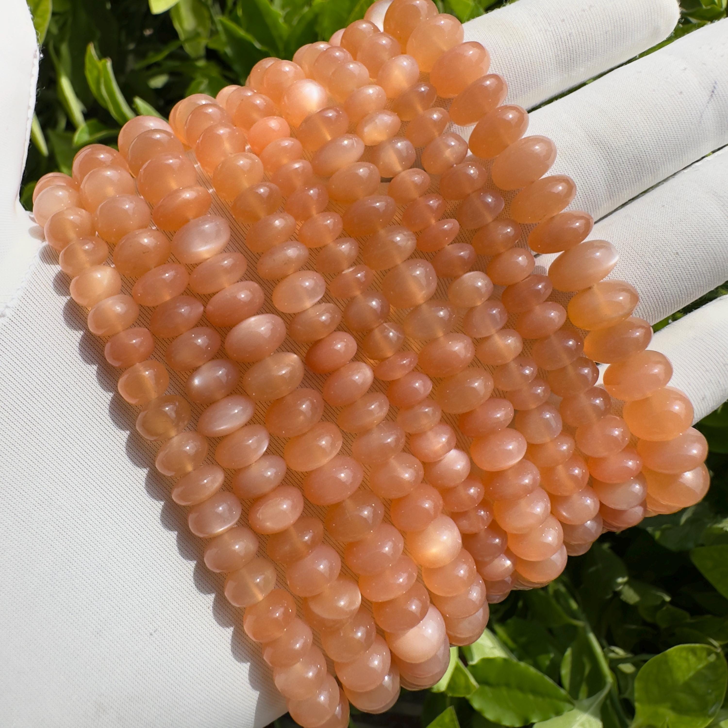 Natural Peach Moonstone Rondelle Beads Strand Smooth Polished Moonstone Beads 7–10 MM Gemstone Beads for Jewelry Making
