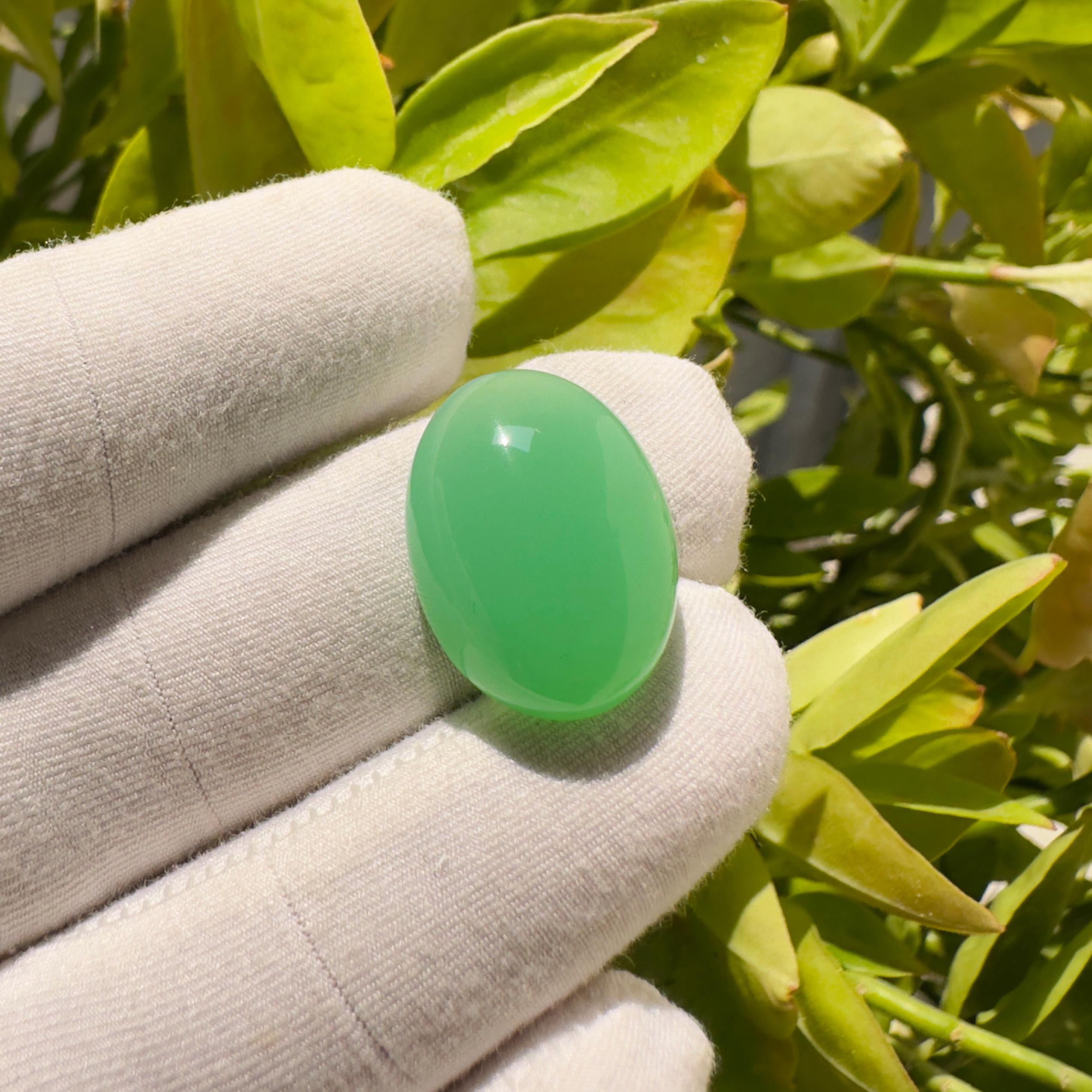 • Stone Name: Natural Chrysoprase • Shape: Oval • Cut: Cabochon • Size: 21 × 15 × 8 mm (Approx) • Weight: 19.40 Carats (Approx) • Quantity: 1 Piece