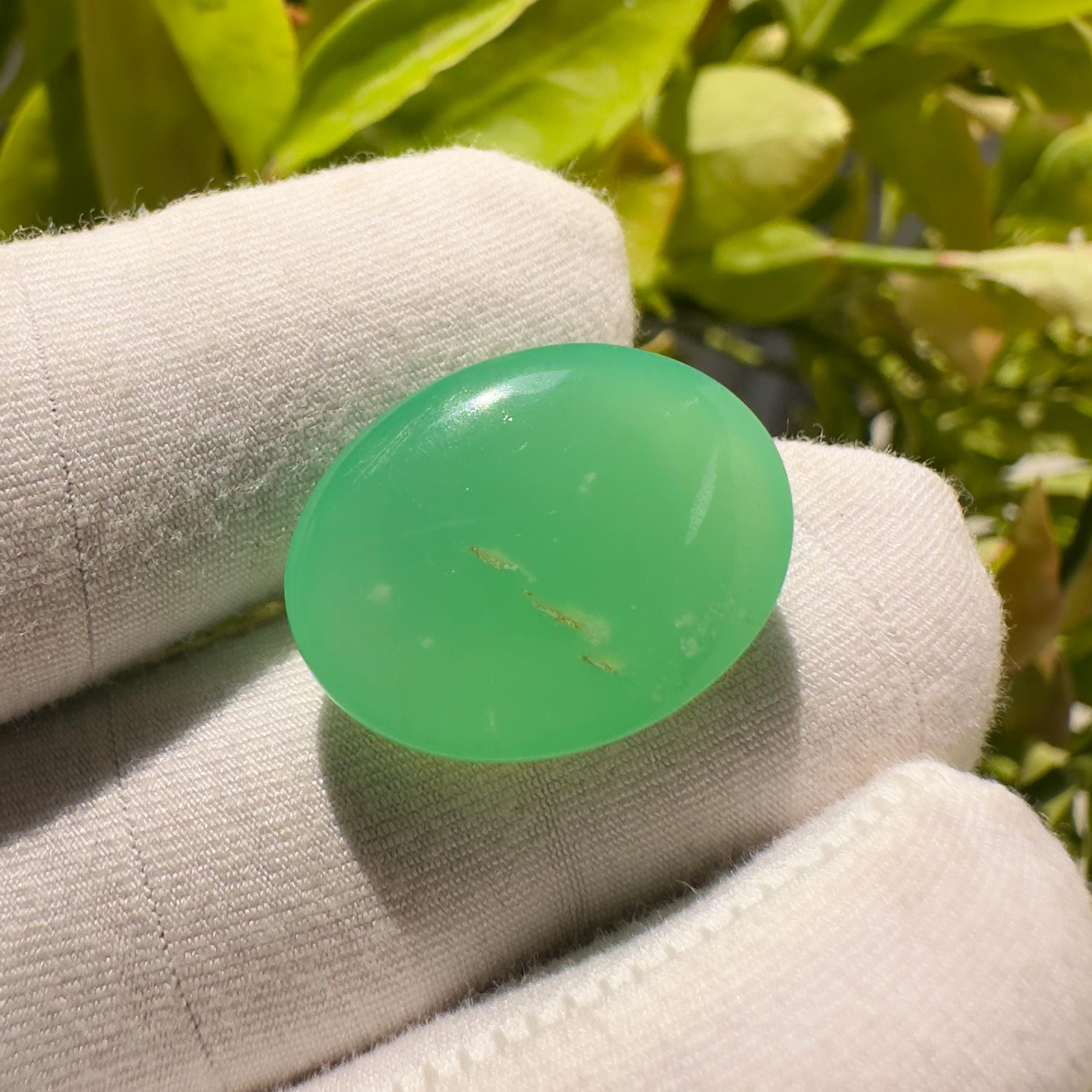 • Stone Name: Natural Chrysoprase • Shape: Oval • Cut: Cabochon • Size: 21 × 15 × 8 mm (Approx) • Weight: 19.40 Carats (Approx) • Quantity: 1 Piece