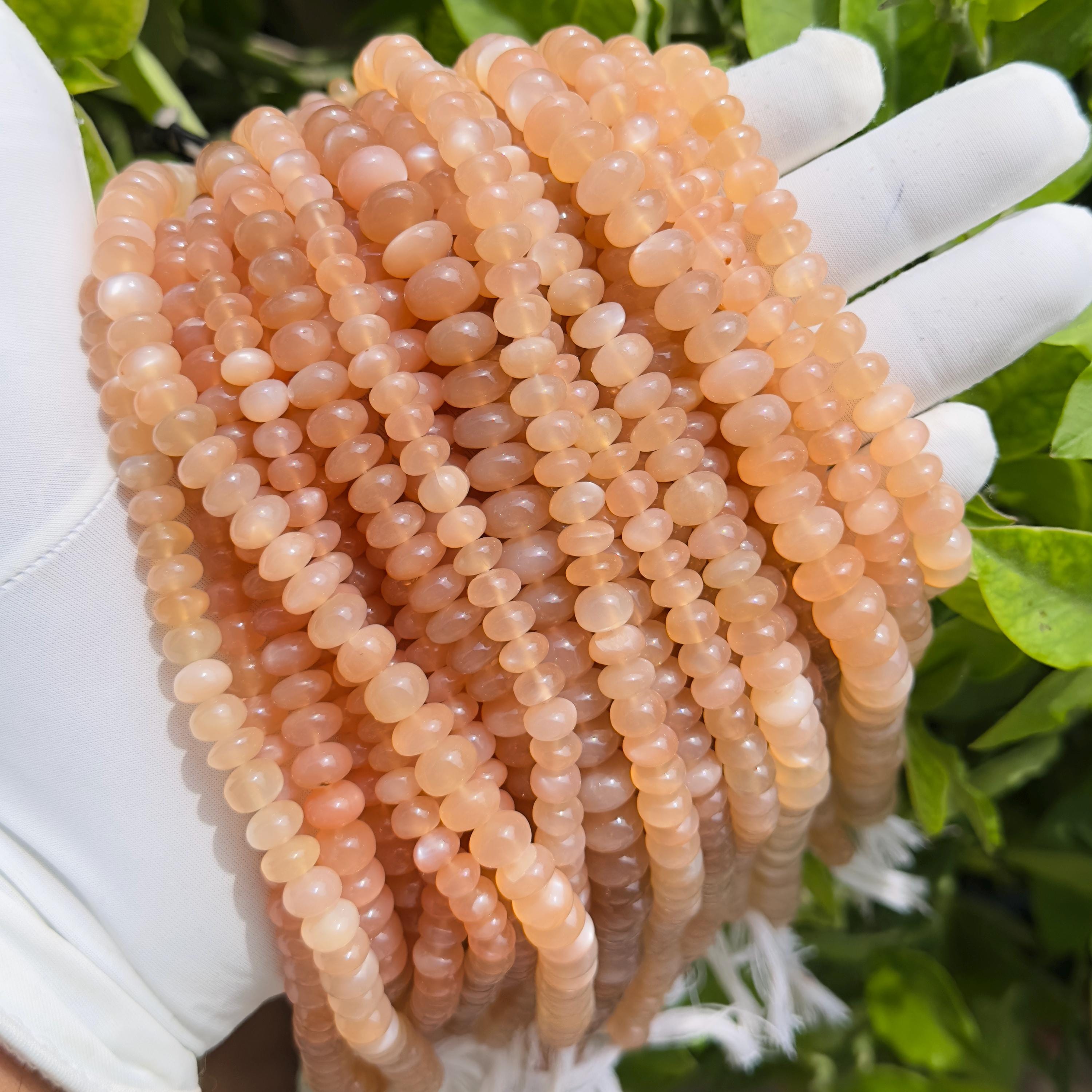 Natural Peach Moonstone Rondelle Beads Strand Smooth Polished Moonstone Beads 7–10 MM Gemstone Beads for Jewelry Making